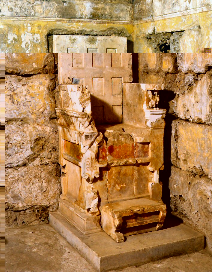 The marble throne with sphinxes from the Rhomaios Tomb at Aegae