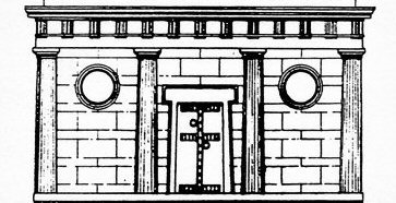 The facade of the lion monument which once stood atop the tomb in the great mound at Amphipolis (reconstructed from fragments found in the Strymon)