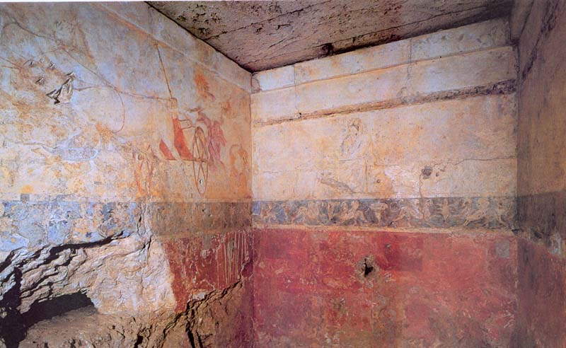 Tomb 1 Vergina northeast corner showing hole in northern wall.JPG