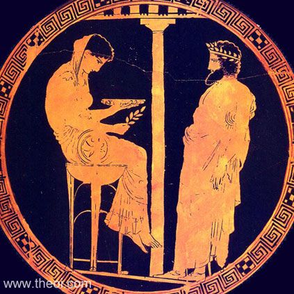 Delphic tripod Themis gives an oracle to Aegeas red figure vase c.520 BC.jpg